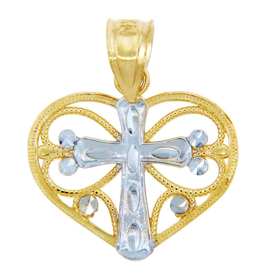 Gold Pendants - Two Tone Gold Heart Pendant with White Gold Cross