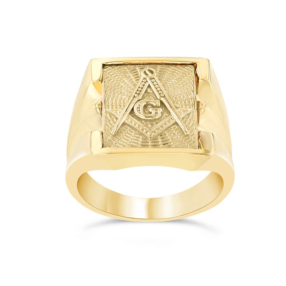 Yellow Gold Textured Freemason Square & Compass Men's Signet Ring