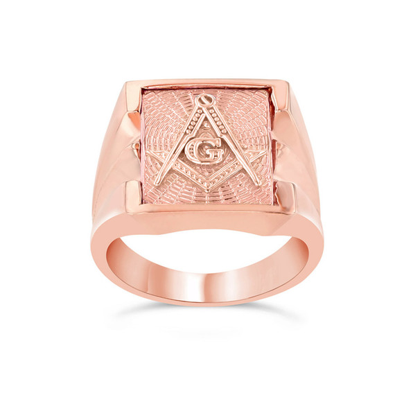 Gold Textured Freemason Square & Compass Men's Signet Ring (Available in Yellow/Rose/Multi-Tone Gold)