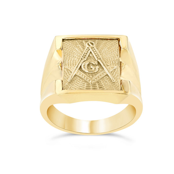 Gold Textured Freemason Square & Compass Men's Signet Ring (Available in Yellow/Rose/Multi-Tone Gold)