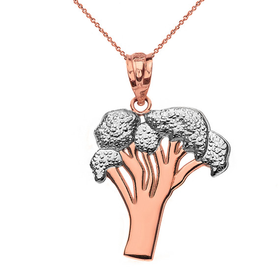 Solid Two Tone Rose Gold Broccoli Vegetable Pendant Necklace
