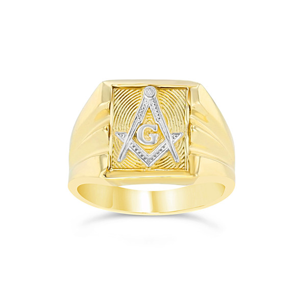 Two Tone Yellow Gold Textured Freemason Square & Compass Square Signet Ring