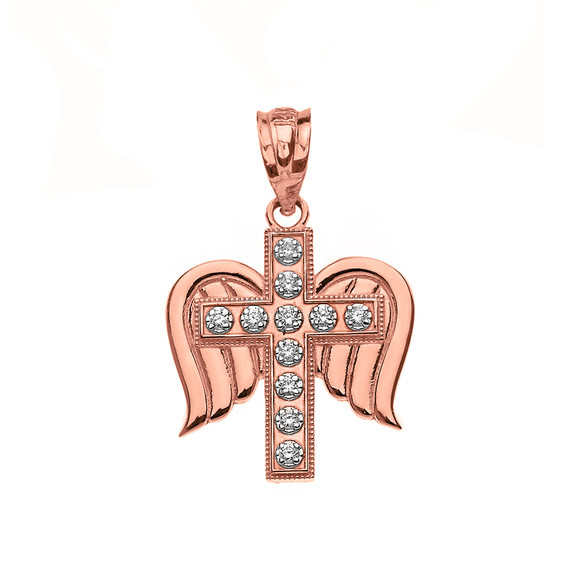 Solid Rose Gold Diamond Cross with Angel Wings Pendant Necklace