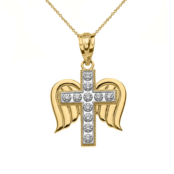 Solid Two Tone Yellow Gold Diamond Cross with Angel Wings  Pendant Necklace