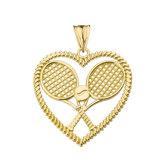 Detailed Tennis Rackets in Heart Pendant Necklace in Yellow Gold