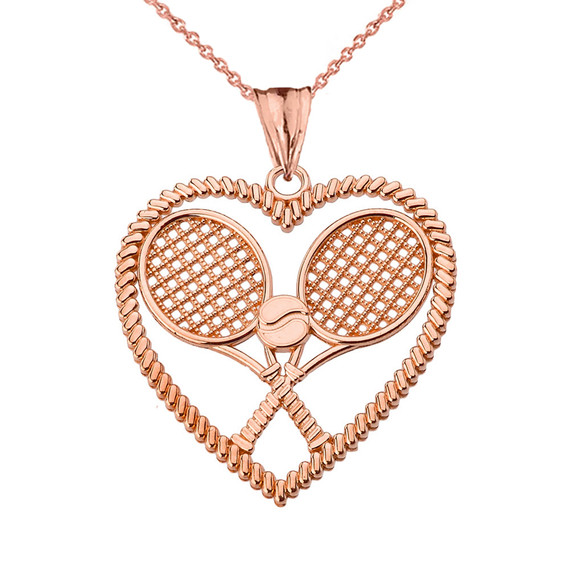 Detailed Tennis Rackets in Heart Pendant Necklace in Rose Gold