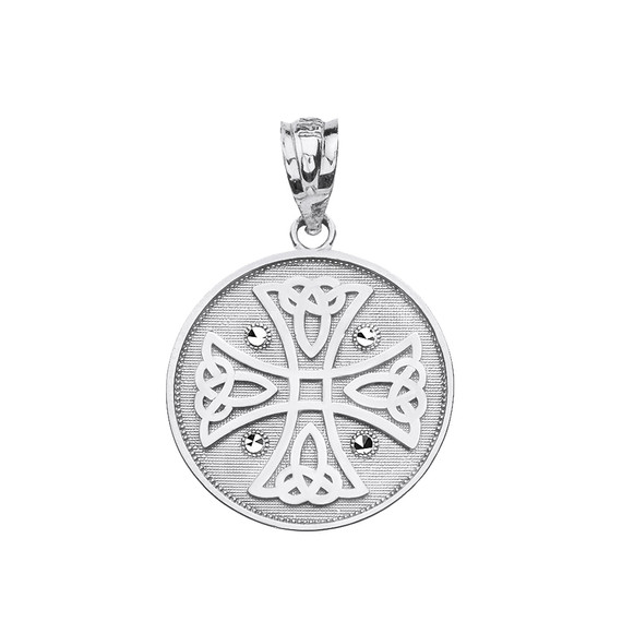 Solid White Gold Diamond Cut Celtic Knot Cross Disc Medallion Pendant Necklace