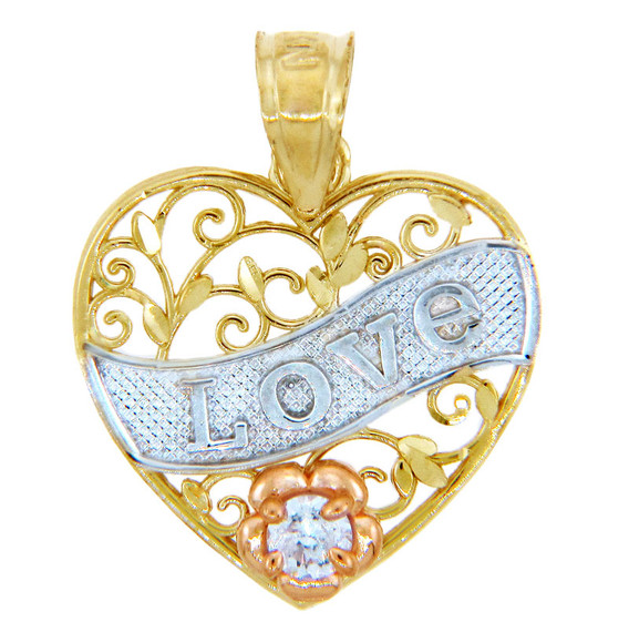 Valentines Special Heart  - Gold Love Banner Pendant with CZ