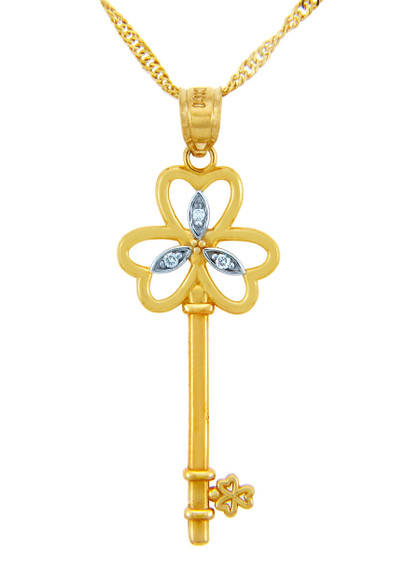 Valentines Special Heart Diamonds - Gold Key Pendant with Three Hearts Echo