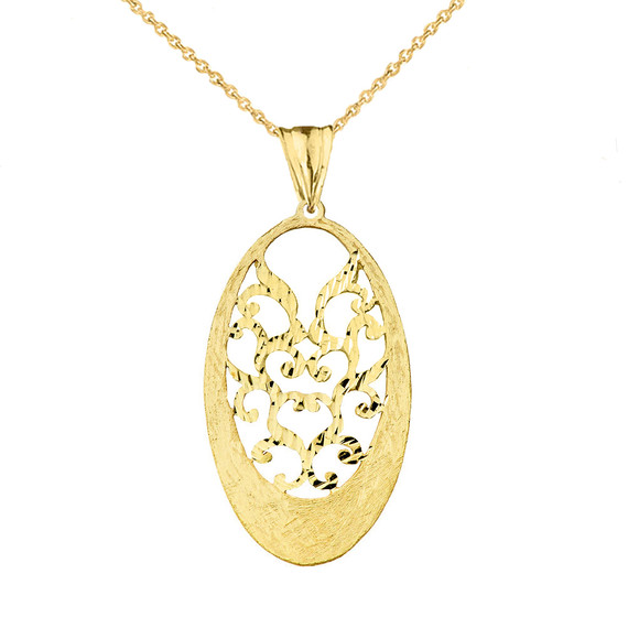 Handmade Designer Bohemian Filigree Oval Statement Pendant Necklace in Solid Yellow Gold