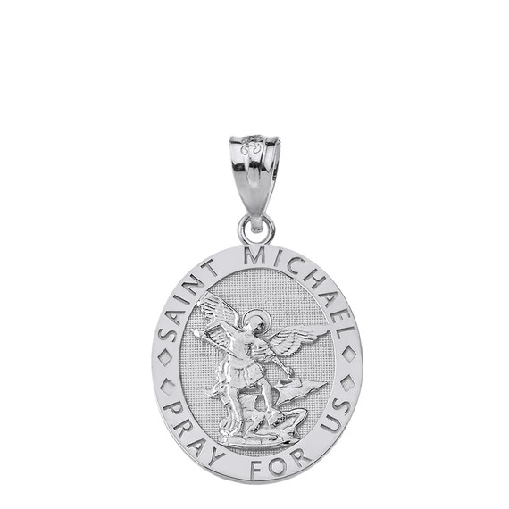 Solid White  Gold Engravable Saint Michael Pray For Us Oval Pendant Necklace