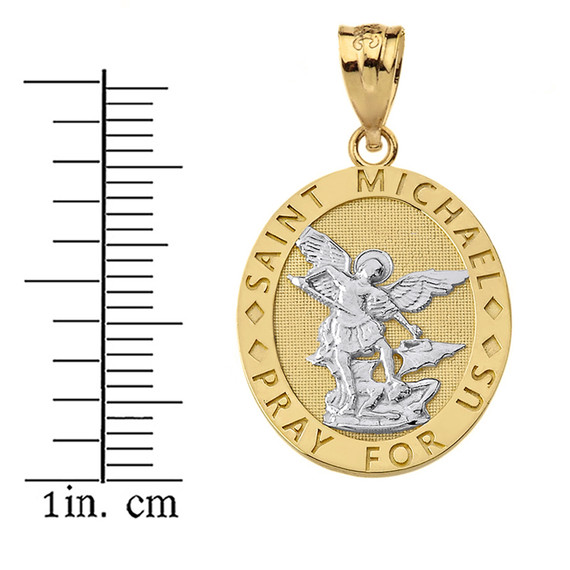 Solid Two Tone Yellow Gold Engravable Saint Michael Pray For Us Oval Pendant Necklace