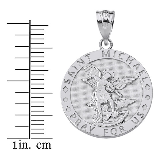 Solid White Gold Engravable Saint Michael Pray For Us Circle Pendant Necklace