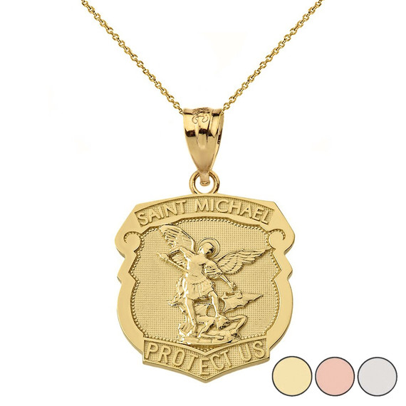 St. Michael Protect Us Shield Pendant Necklace in Gold (Yellow/Rose/White)