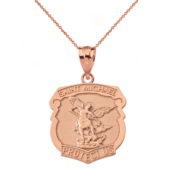 Solid Rose Gold Saint Michael Protect Us Shield Pendant Necklace