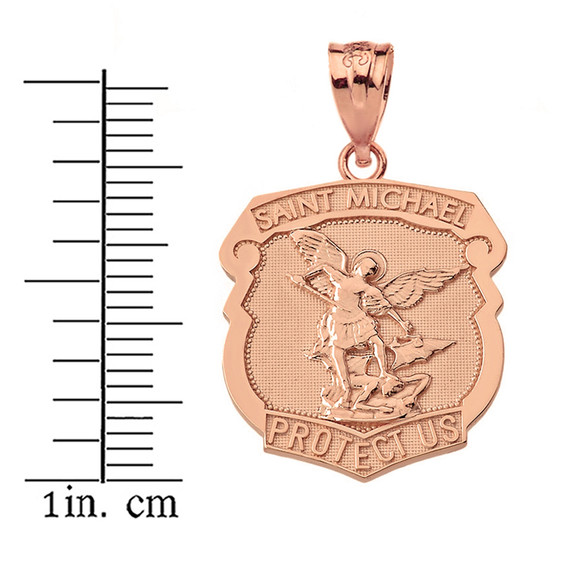 Solid Rose Gold Saint Michael Protect Us Shield Pendant Necklace