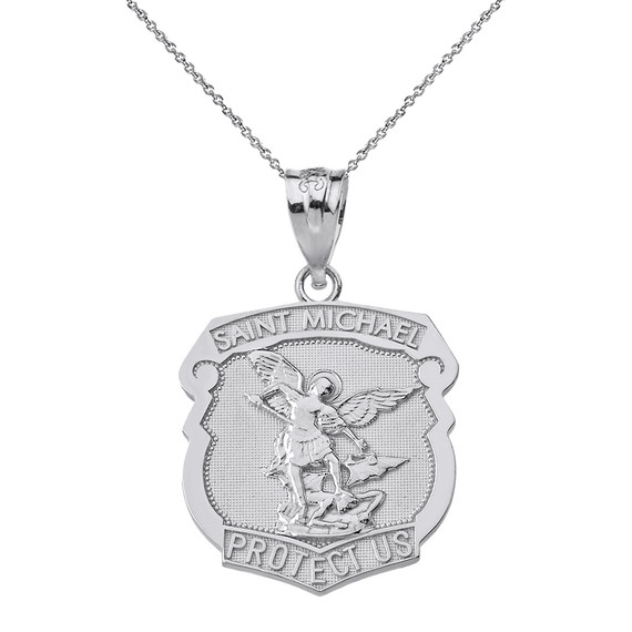 Sterling Silver Saint Michael Protect Us Shield Pendant Necklace