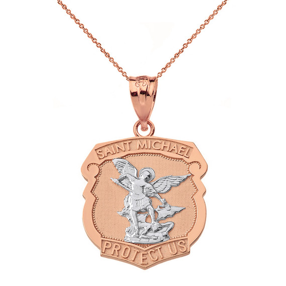 Solid Two Tone Rose Gold Saint Michael Protect Us Shield Pendant Necklace