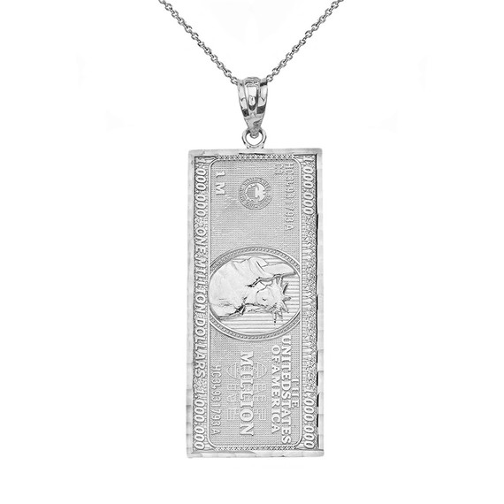 Solid White Gold Double Sided Million Dollar Bill Money Pendant Necklace (Medium)