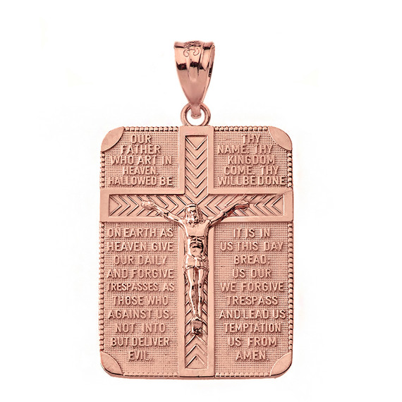 Solid Rose Gold The Lord's Our Father Prayer Crucifix Rectangular Tag Pendant Necklace