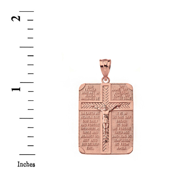 Solid Rose Gold The Lord's Our Father Prayer Crucifix Rectangular Tag Pendant Necklace