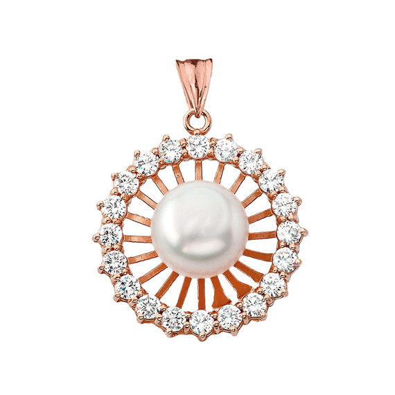 Elegant Designer Diamond & Pearl Pendant Necklace in Rose Gold