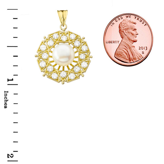 Elegant Designer Pearl Filigree Pendant Necklace in Yellow Gold