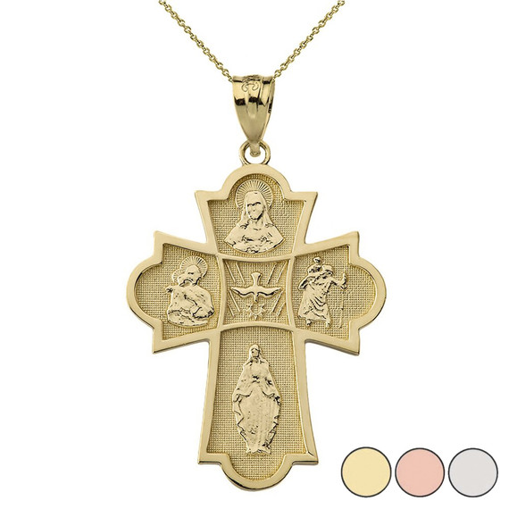 Holy Spirit Four Way Cross Pendant Necklace in Gold (Yellow/Rose/White)