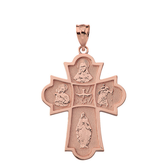 Solid Rose Gold Holy Spirit Four Way Cross Pendant Necklace