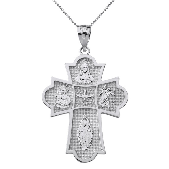 Solid White Gold Holy Spirit Four Way Cross Pendant Necklace