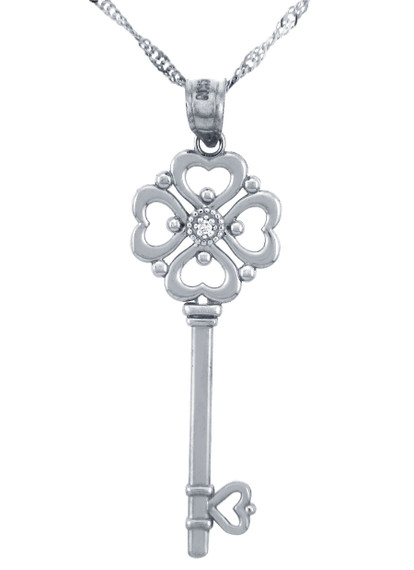 Valentines Special Heart Diamonds - White Gold Key with Hearts and Center Diamond