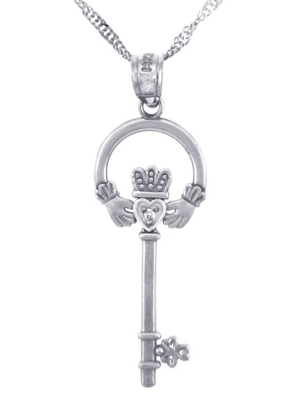 White Gold Claddagh Key Pendant with Diamond