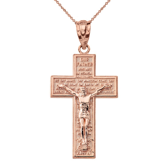 Solid Rose Gold The Lord's Our Father Prayer Crucifix Pendant Necklace