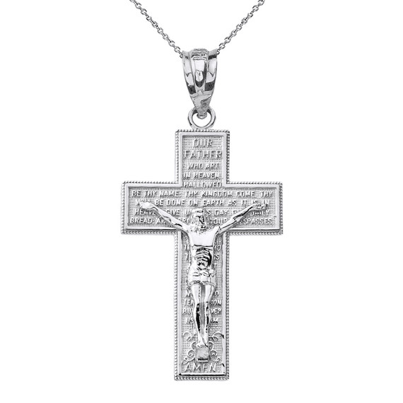 Sterling Silver The Lord's Our Father Prayer Crucifix Pendant Necklace