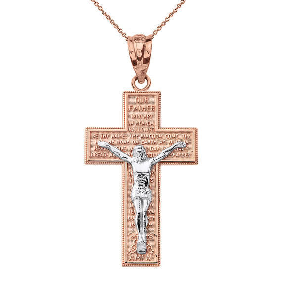 Solid Two Tone Rose Gold The Lord's Our Father Prayer Crucifix Pendant Necklace