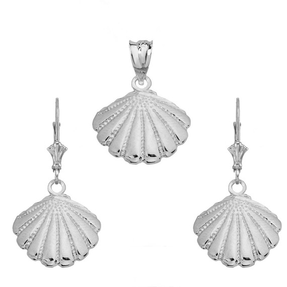 .925 Sterling Silver Cockle Seashell Beach Pendant Earring Set