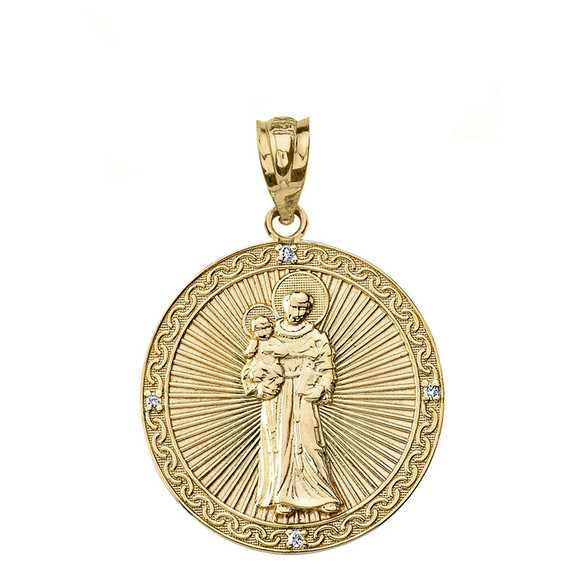 Solid Yellow Gold Engravable Diamond Saint Anthony Pray For Us Circle Pendant Necklace 1.17"