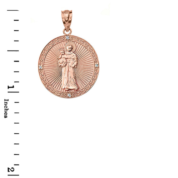 Solid Rose Gold Engravable Diamond Saint Anthony Pray For Us Circle Pendant Necklace 1.17"