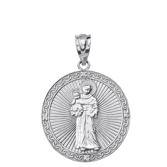 Sterling Silver Engravable CZ Saint Anthony Pray For Us Circle Pendant Necklace  1.17"