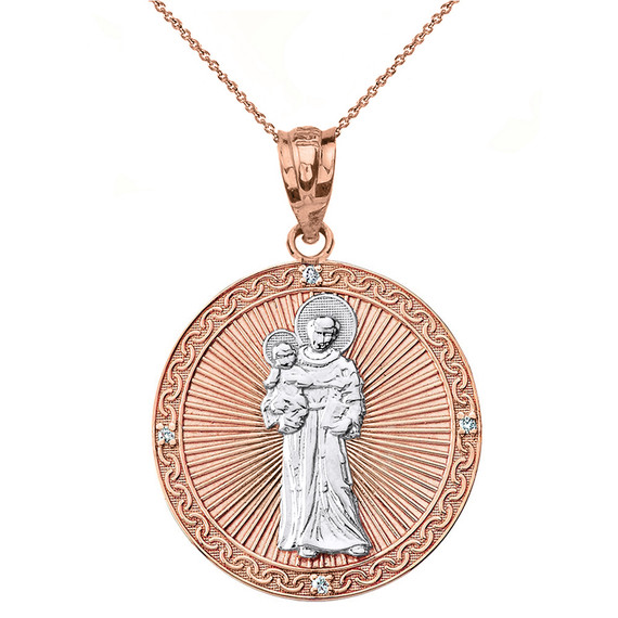 Solid Two Tone Rose Gold Engravable Diamond Saint Anthony Pray For Us Circle Pendant Necklace 1.17"