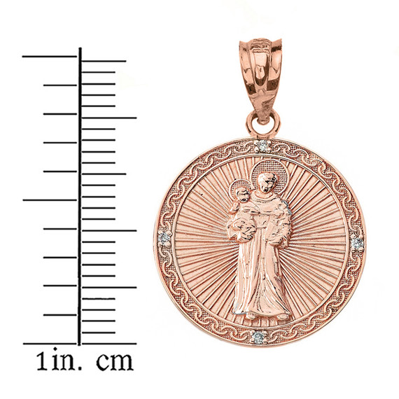 Solid Rose Gold Engravable Diamond Saint Anthony Pray For Us Circle Pendant Necklace 1.06"