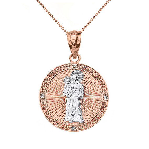 Solid Two Tone Rose Gold Engravable Diamond Saint Anthony Pray For Us Circle Pendant Necklace 1.06"