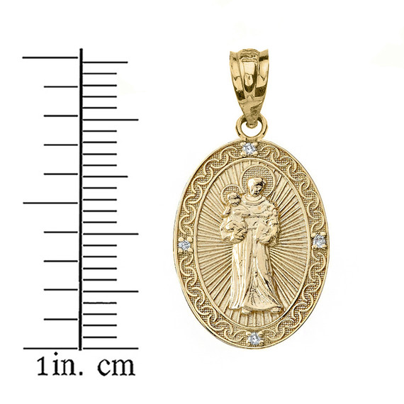 Solid Yellow Gold Engravable Diamond Saint Anthony Pray For Us Oval Pendant Necklace 1.20"