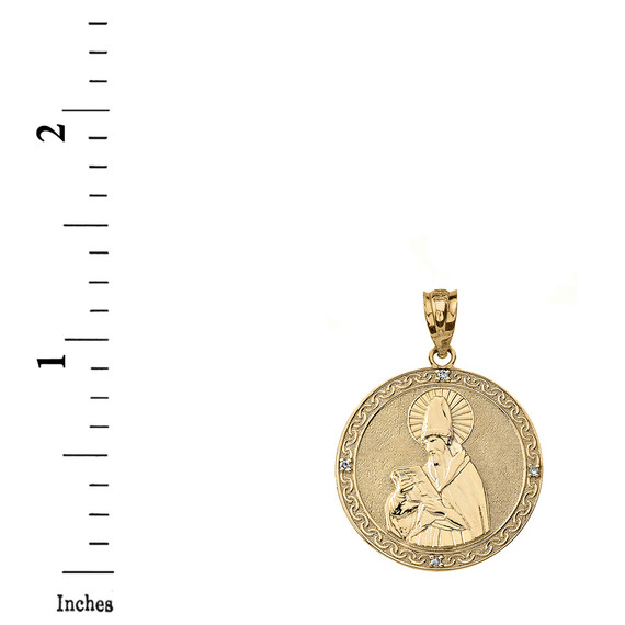 Solid Yellow Gold Engravable Diamond Saint  Augustine Circle Pendant Necklace  1.17"