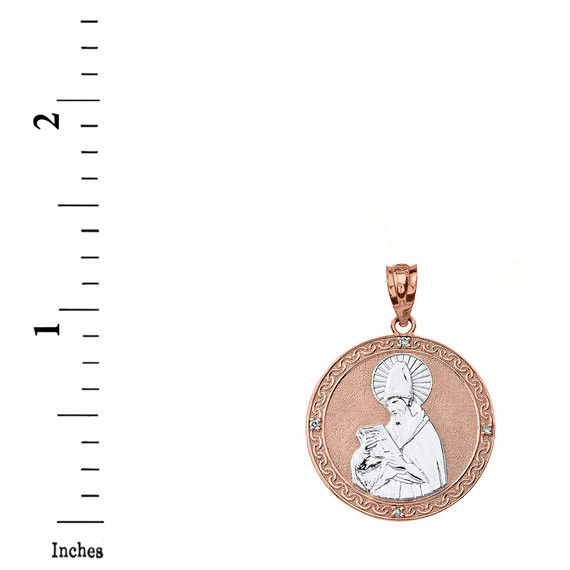 Solid Two Tone Rose Gold Engravable Diamond Saint  Augustine Circle Pendant Necklace  1.17"