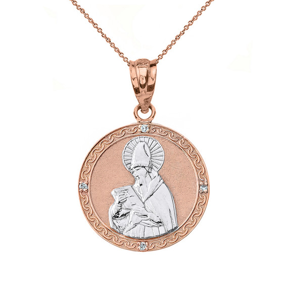 Solid Two Tone Rose Gold Engravable Diamond Saint  Augustine Circle Pendant Necklace 1.06"