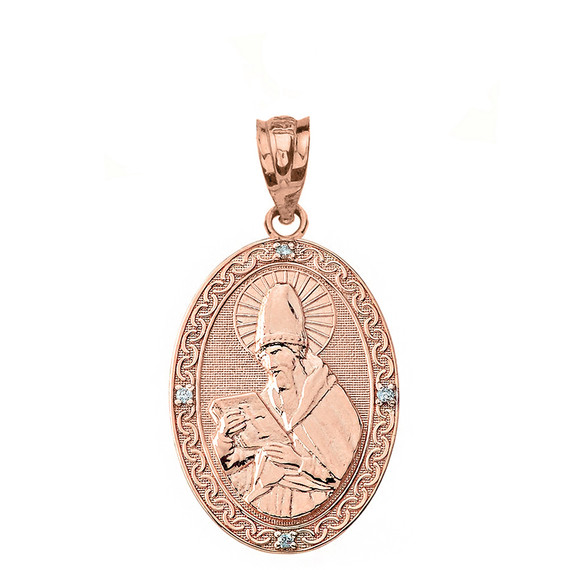 Solid Rose Gold Engravable Diamond Saint  Augustine Oval Pendant Necklace  1.20"