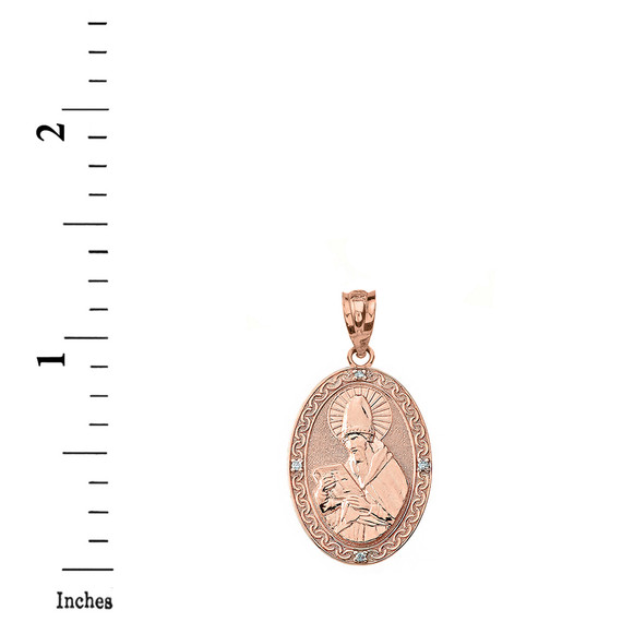 Solid Rose Gold Engravable Diamond Saint  Augustine Oval Pendant Necklace  1.20"