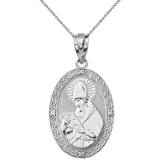 Solid White Gold Engravable Diamond Saint  Augustine Oval Pendant Necklace  1.20"