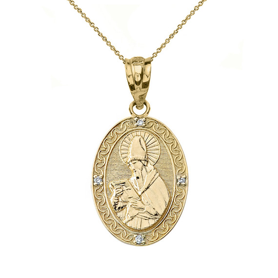 Solid Yellow Gold Engravable Diamond Saint Augustine Oval Pendant Necklace 1.04"